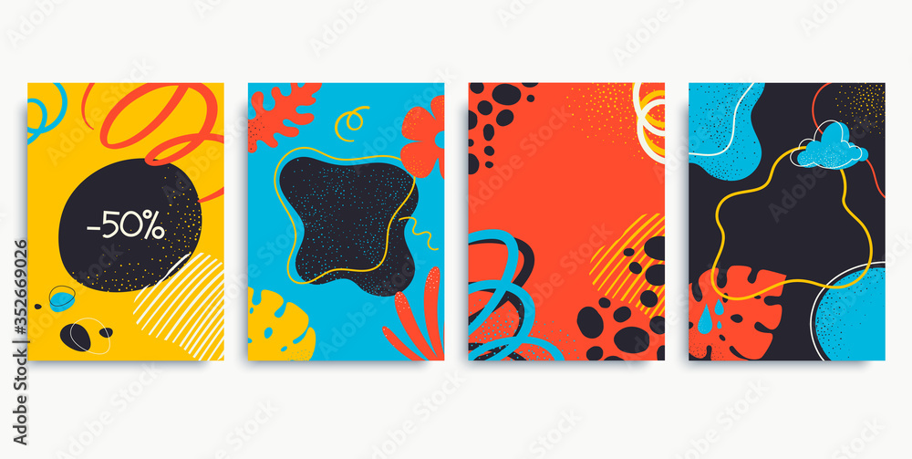 Collection of colorful contemporary backgrounds in A4 size. Abstract posters with floral elements, liquid shapes, lines. Trendy hand drawn style. Applicable for social media post, blog, banner.
