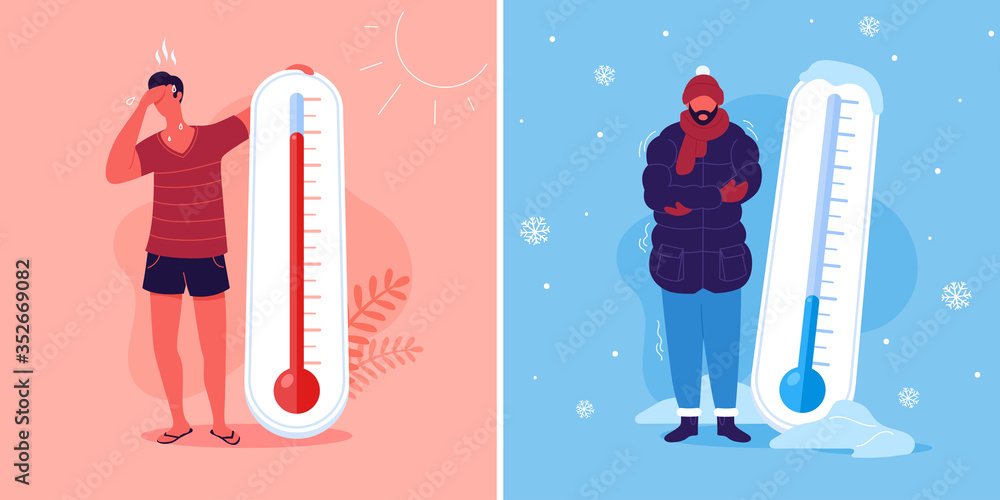 Meteorology thermometers. Heat and cold weather vector illustration. Cartoon characters in summer and winter season. - obrazy, fototapety, plakaty 