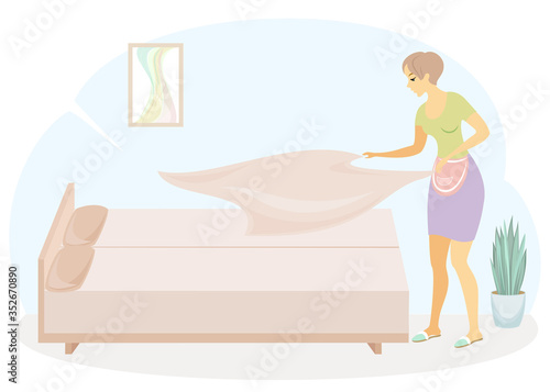 Profile of a sweet lady. The girl is making the bed in the room. A woman is a good wife and a neat housewife. Vector illustration