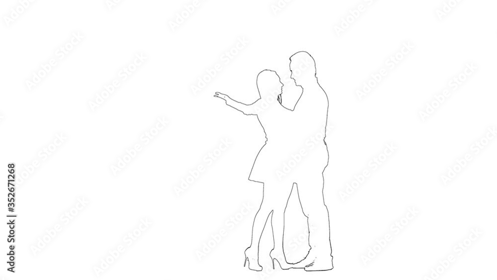 Outline sketch of guy with the girl hugs and looks at the sky. Silhouette. White background Outline sketch of guy with the girl hugs and looks at the sky. Silhouette. White background