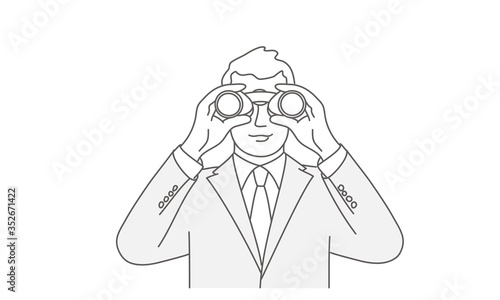 Businessman with binoculars. Line drawing vector illustration.
