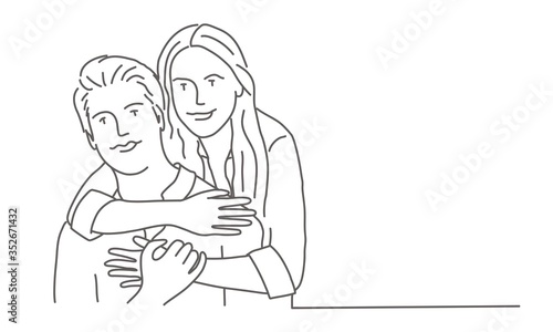Young woman is hugging her boyfriend from the back. Line drawing vector illustration.