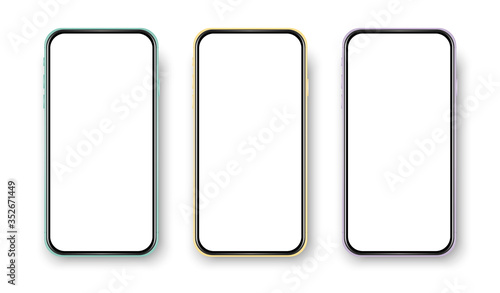 Phone front, realistic view on white background. Set of colorful cell phone. Fashion phone frames. Empty phone.