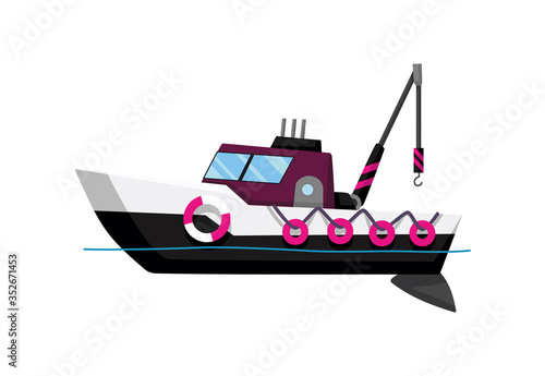 Fishing boat side view. Commercial fishing trawler for industrial seafood production. Marine ship, sea or ocean transportation. Vector illustration