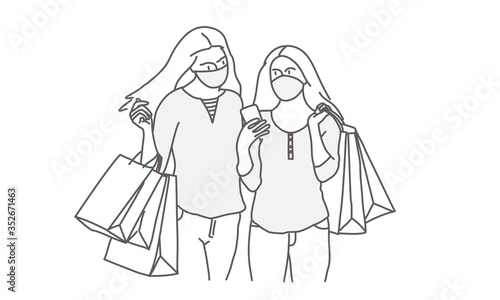 Women in protective mask on face with paper bags in hands. Women shopper. Line drawing vector illustration.