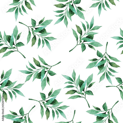 Watercolor seamless pattern of green leaves on white background