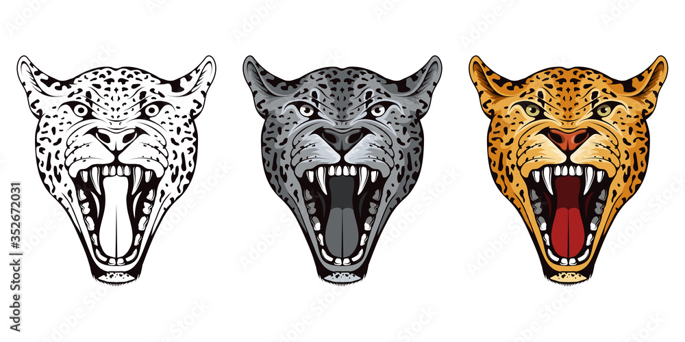 Set of head angry, leopard. Leopard. Predator animal. leopard mascot color  logo. Animal tattoo. Angry animal sports mascot. Wild big cat. Natural.  Logo animal for tattoo or t-shirt print Stock Vector |
