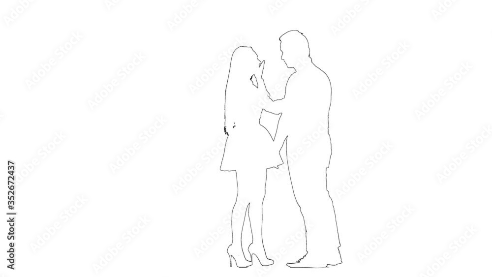 Outline sketch of husband and wife scold themselves, screams, cries, slap. Silhouette. White background Outline sketch of husband and wife scold themselves, screams, cries, slap. Silhouette. White background