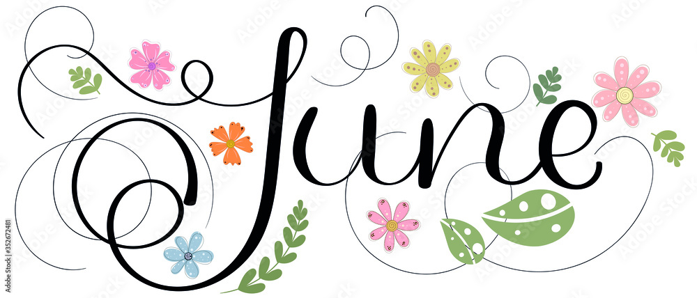 Hello June. JUNE month vector with flowers and leaves. Decoration floral. Illustration month June	
 - obrazy, fototapety, plakaty 