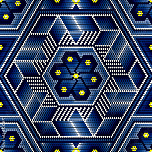 vector illustration of colorful abstract seamless pattern inspired in beaded handcraft from mexican huichol art style. Can be tiled