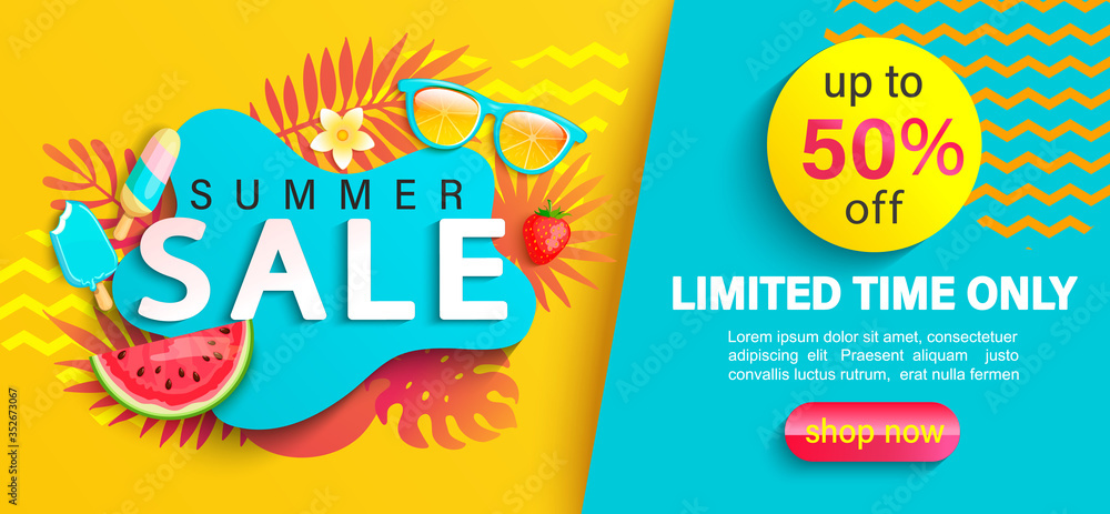 Summer big Sale banner, up to 50 percent limited time discount, promotion,hot season promo with tropical leaves,watermelon,ice cream on geometric background for shopping, special offer card.Vector - obrazy, fototapety, plakaty 