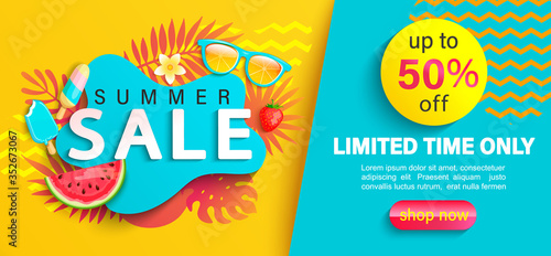 Summer big Sale banner, up to 50 percent limited time discount, promotion,hot season promo with tropical leaves,watermelon,ice cream on geometric background for shopping, special offer card.Vector