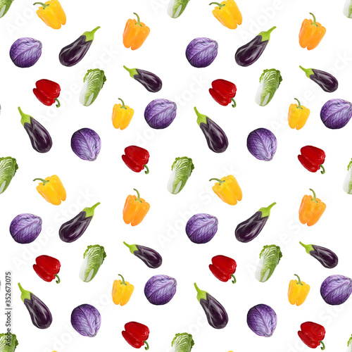 Wallpaper Mural Seamless pattern veganism eggplant, peppers, cabbage on white background. Gouache hand drawn illustration. Fresh food. Design for textiles, packaging, fabrics, menus, restaurants Torontodigital.ca
