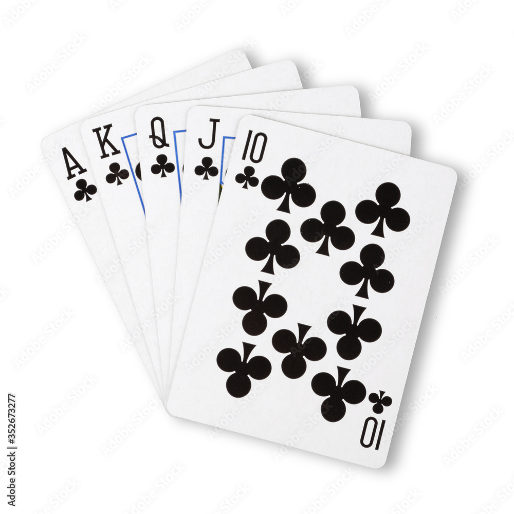 Clubs royal flush flat on white winning hand business concept Clubs royal flush flat on white winning hand business concept