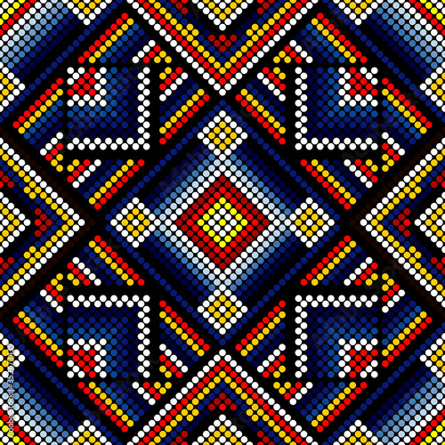 vector illustration of colorful abstract seamless pattern inspired in beaded handcraft from mexican huichol art style. Can be tiled