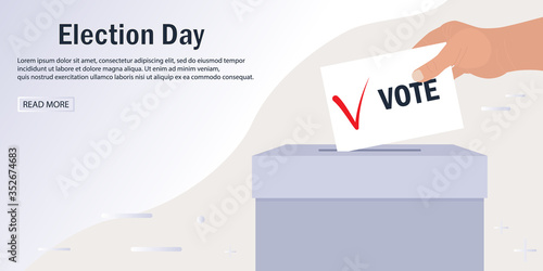 Web banner template for electronic voting. Hand puts a leaflet with a voice and a tick in the ballot box. Heading Election Day, place for text. Presidential election day. Make choice. Web site design
