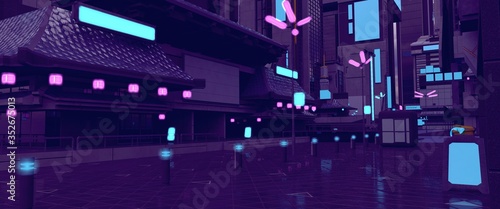 Bright neon night in a cyberpunk city. Photorealistic 3d illustration of the futuristic city. Empty street with blue neon lights.