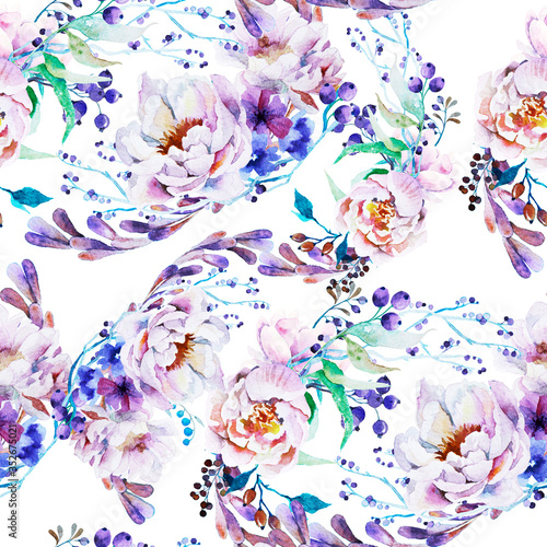 Fototapeta Naklejka Na Ścianę i Meble -  Watercolor seamless pattern with violet flowers on white. Abstract pattern for fabric, wallpaper and other prints.