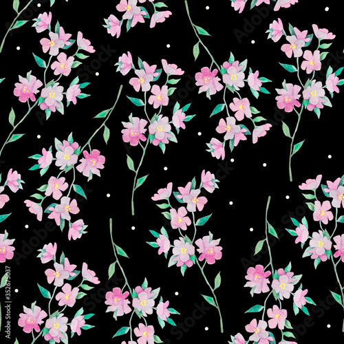 Watercolor seamless pattern. Dark background. Pink flowers and circles