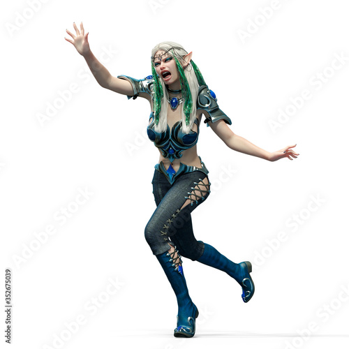 lady elf is running desperate in white background