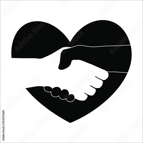 Handshake on the background of a heart symbolizes the antiracism. Hand shake between black and white man. Handshake icon isolated on white background.