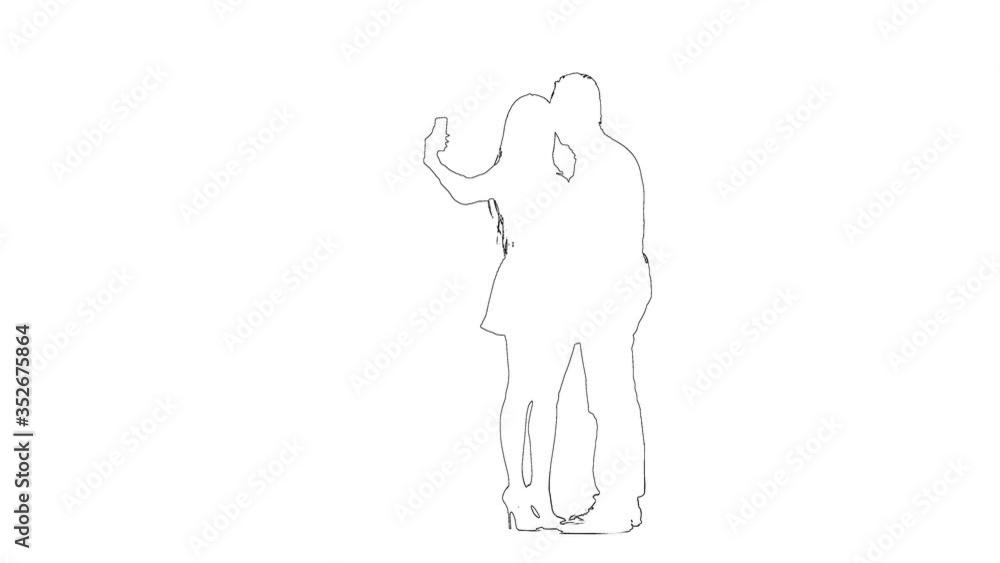 Outline sketch of romantic pair is take selfie photo on a mobile phone. Silhouette. White background Outline sketch of romantic pair is take selfie photo on a mobile phone. Silhouette. White background
