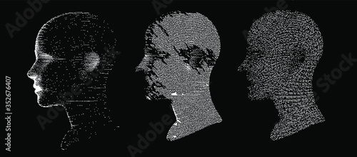 Artificial intelligence and Machine Learning concept. Human head with glitched pixels, distorted profile of a woman made of square particles.