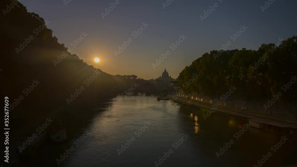 Sunset over rome italy skyline aerial view time lapse view from vatican chirch bridge river. Sunset over rome italy skyline aerial view time lapse view from vatican chirch bridge river.