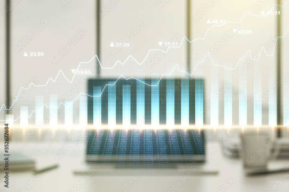 Multi exposure of abstract creative financial chart on computer background, research and analytics concept