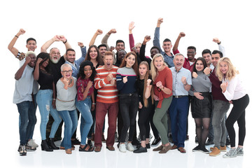 large group of different happy people standing together.