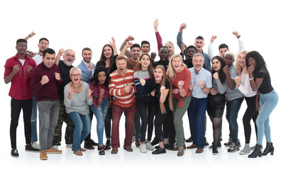 large group of diverse people showing their success. i
