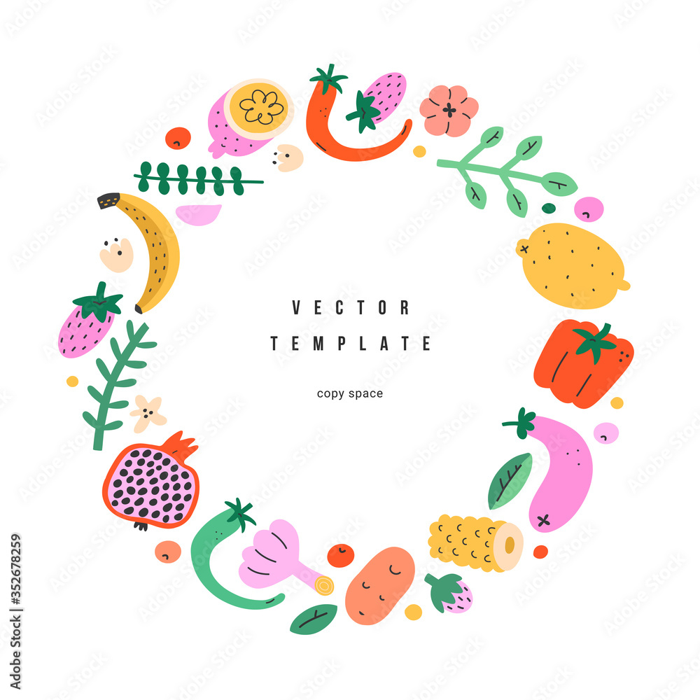 Fruits vegetables frame, circle border template with copyspace and handdrawn simple fun illustration ornament, vector background, good for menu cover, booklet, invitation, whole foods
