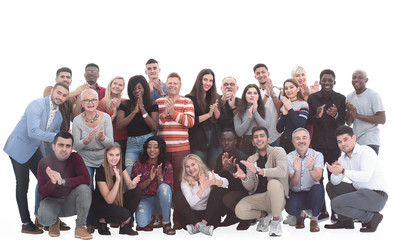 large international group of happy people applauding together