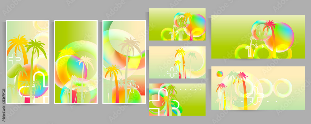 Abstract set summer background universal art web header template. Collage made with vibrant palm colors and graphic elements Abstract set summer background universal art web header template. Collage made with vibrant palm colors and graphic elements
