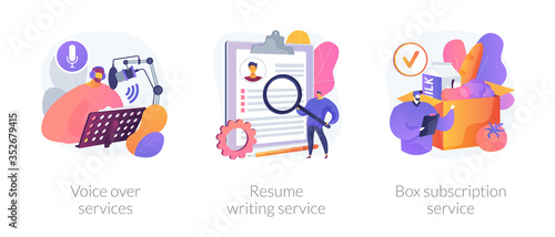 Online based jobs abstract concept vector illustration set. Voice over services, resume writing, box subscription, audio and video production, CV online, box delivery startup abstract metaphor.