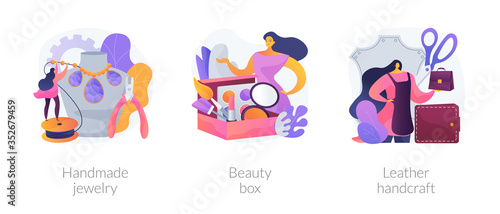 Handmade startup abstract concept vector illustration set. Handmade jewelry, beauty box, leather handcraft, online designer shop, artisan goods, subscription, beauty products abstract metaphor.