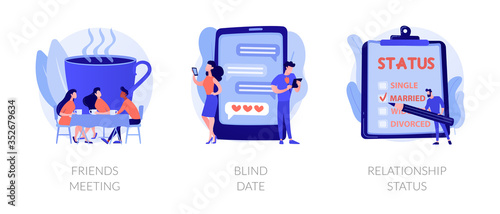 Friendship and communication, flirt and partner search, romantic bonding icons set. Friends meeting, blind date, relationship status metaphors. Vector isolated concept metaphor illustrations