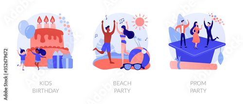Children anniversary celebration, summer season discotheque, school graduation ball icons set. Kids birthday, beach party, prom party metaphors. Vector isolated concept metaphor illustrations