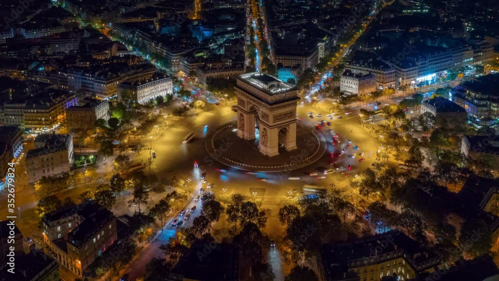 custom made wallpaper toronto digitalnight time illumination paris city center triumph arch traffic circle street aerial timelapse panorama 4k france