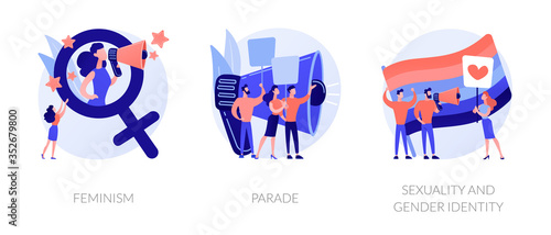 Women empowerment movement, gay pride demonstration, asserting rights icons set. Feminism, parade, sexuality and gender identity metaphors. Vector isolated concept metaphor illustrations