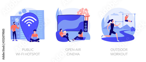 Entertainment and recreation flat icons set. Outside pastime, active lifestyle. Public wi-fi hotspot, open-air cinema, outdoor workout metaphors. Vector isolated concept metaphor illustrations.