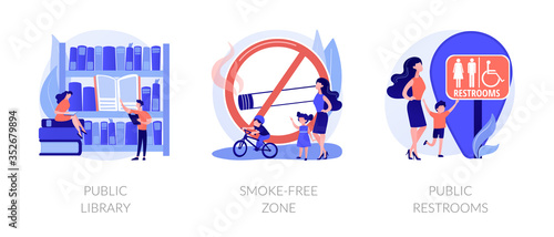 Urban places flat icons set. City recreation, people in bookstore. WC room sign. Public library, smoke-free zone, public restrooms metaphors. Vector isolated concept metaphor illustrations.