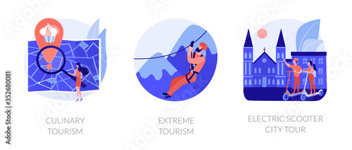 Adventure touristic activities, recreation, broadening horizons. Culinary tourism, extreme tourism, electric scooter city tour metaphors. Vector isolated concept metaphor illustrations.