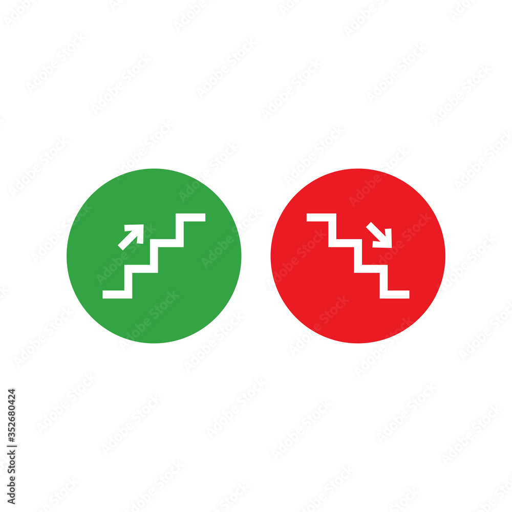 Stairs up and stairs down symbol set. Stairs icon upward, downward, isolated vector illustration set. Stairs up and stairs down symbol set. Stairs icon upward, downward, isolated vector illustration set.