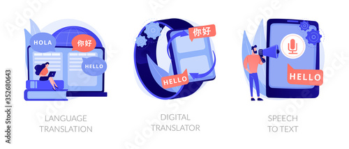 MT mobile application, multilingual communication, voice recognition app. Language translation, digital translator, speech to text metaphors. Vector isolated concept metaphor illustrations.