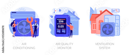Indoor weather and climate control technology. Cooling and heating appliance. Air conditioning, air quality monitor, ventilation system metaphors. Vector isolated concept metaphor illustrations.