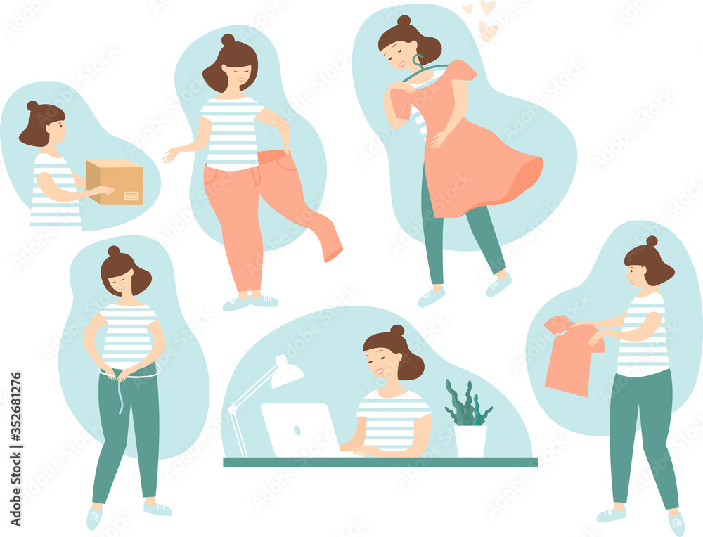 Online shopping concept. Shop from home. Woman ordering clothes in internet. Flat vector set