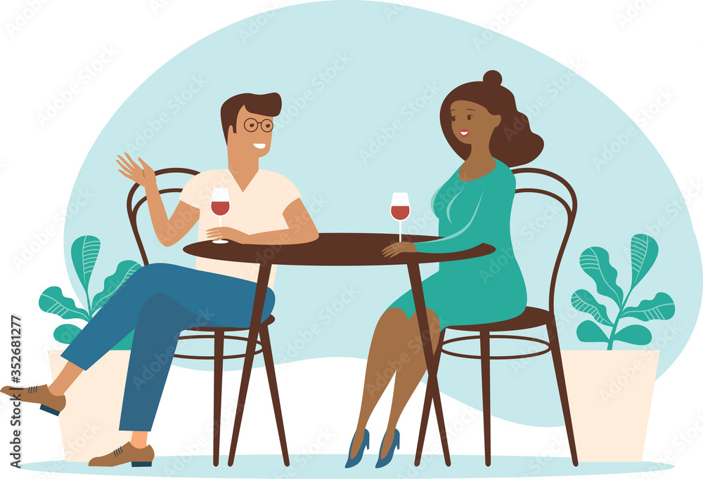 Young multiracial couple spend time in cafe summer terrace talking drinking wine. Flat vector characters Young multiracial couple spend time in cafe summer terrace talking drinking wine. Flat vector characters