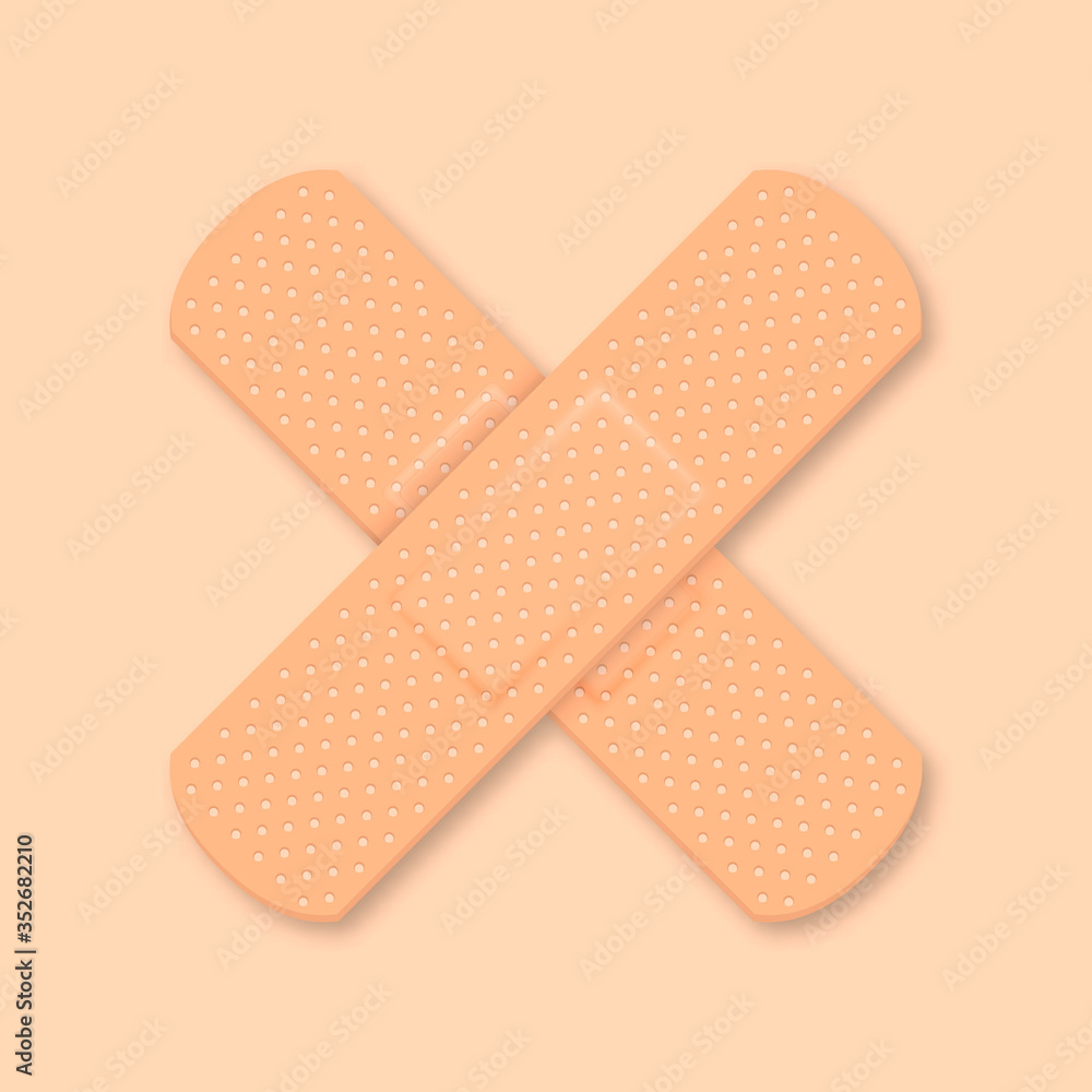 Vector 3d Realistic Medical Patch Icon Closeup. Design Template Adhesive Bandage Elastic Medical Plasters. Cross a Cross. Front, Top View Vector 3d Realistic Medical Patch Icon Closeup. Design Template Adhesive Bandage Elastic Medical Plasters. Cross a Cross. Front, Top View