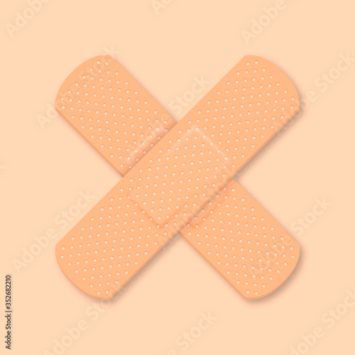 Vector 3d Realistic Medical Patch Icon Closeup. Design Template Adhesive Bandage Elastic Medical Plasters. Cross a Cross. Front, Top View